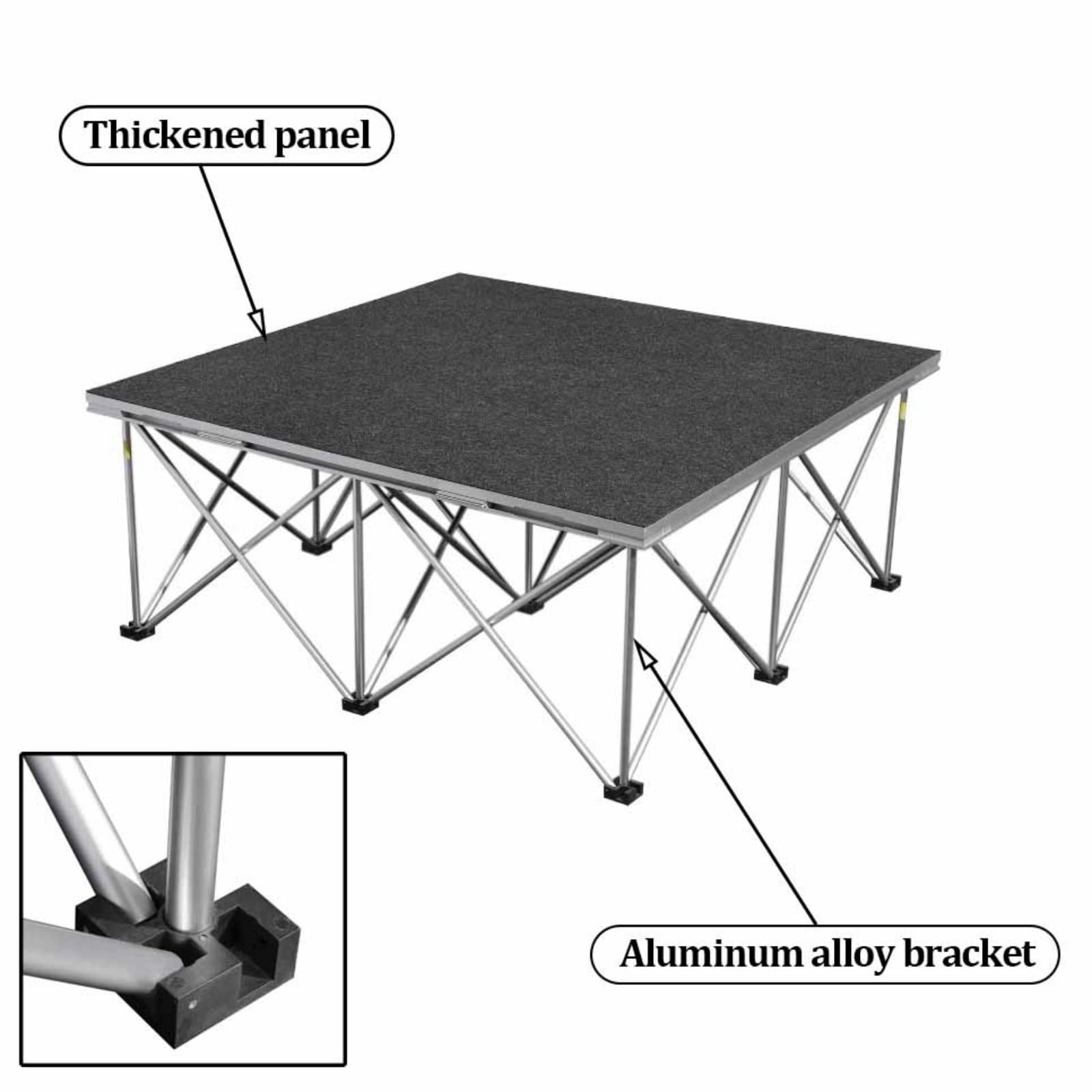 Plataforma modular portátil de 1,2 m x 1,2 m, de aluminio ligero y plegable, ideal para escenarios de entretenimiento compactos y bodas.