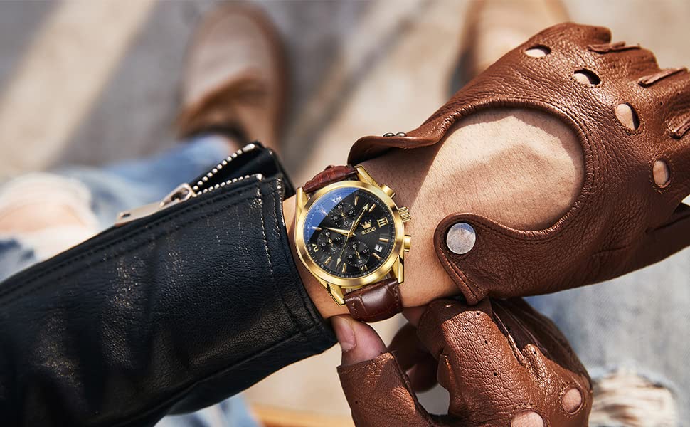 Image of OLEVS Men's Wrist Watch Waterproof Men Analog Quartz Lightweight Brown Leather Strap Father's Day Gift Gentleman Date Day, black 2872, Classic