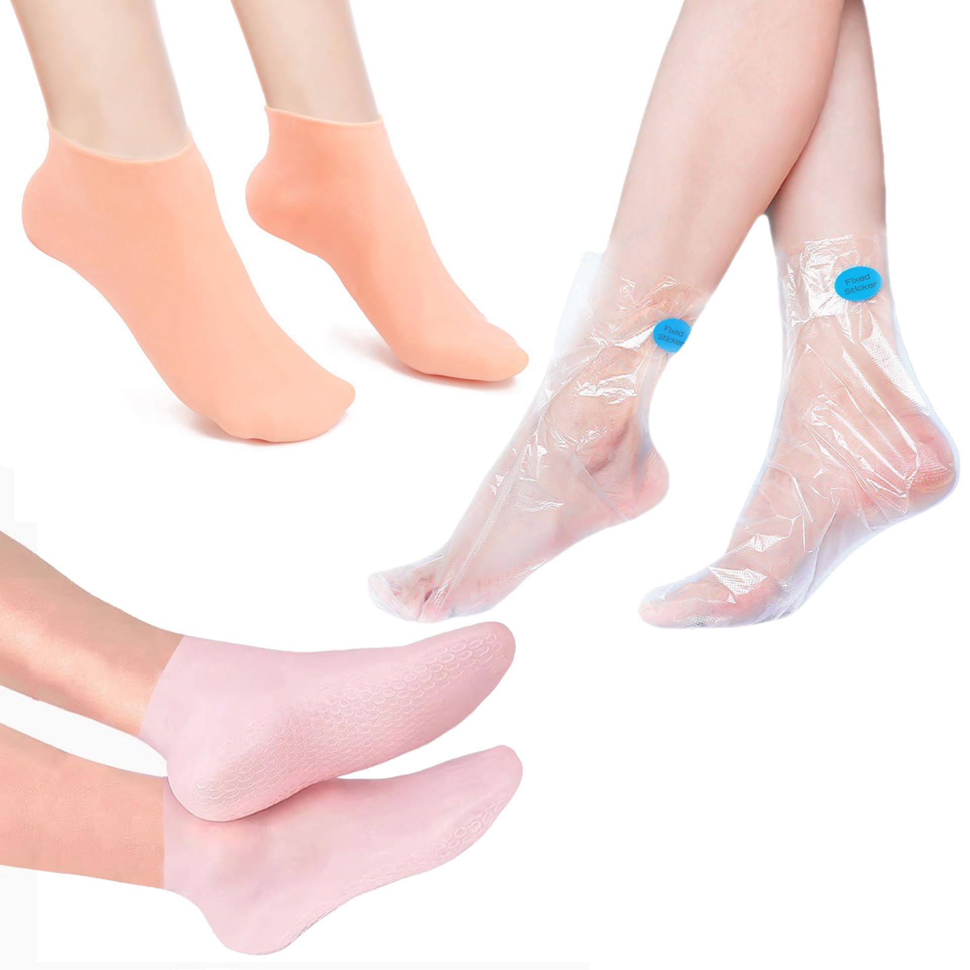 2Pair Silicone Moisturizing Socks 100Pcs Disposable Plastic Foot Care Mask Sheet Women's Spa Pedicure Exfoliating Beach Gel Sock for Repair Dry Feet Cracked Heels Soften Calluses Rough Skin