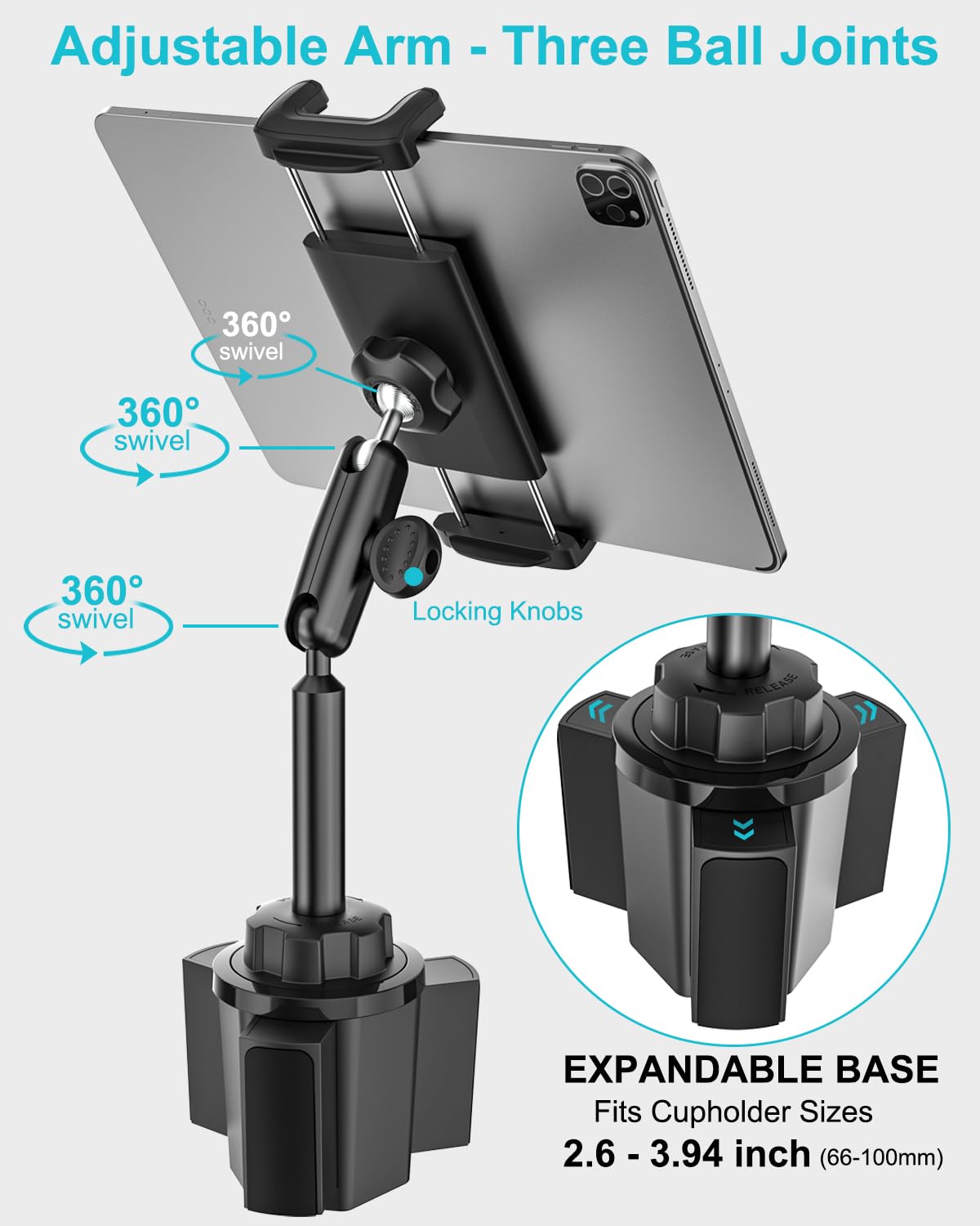 Support Tablette Porte Gobelet Voiture, Support de Tablette Porte-Gobelet d'un Camion avec Bras Métallique Réglable pour iPad 10.9, iPad Pro 13 11 Air Mini, Galaxy Tab, iPhone, 4~13" Tablettes