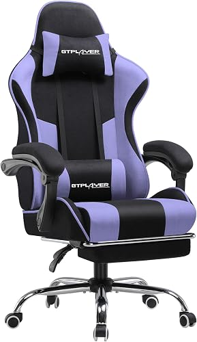 GTPLAYER Silla de Gaming de Tela, Silla de Oficina, Masaje, sillón Gamer, Silla ergonómica con reposapiés, reposacabezas, cojín Lumbar de Masaje, Silla Acolchada, Silla giratoria, Lila