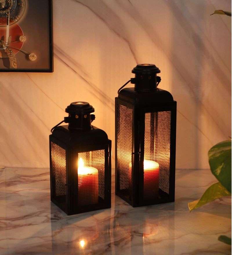 Artemade Black Metal Lantern Set of 2 with Mesh Design – Candle Holders for Home Décor, Festive Lighting & Outdoor Ambience-image-13
