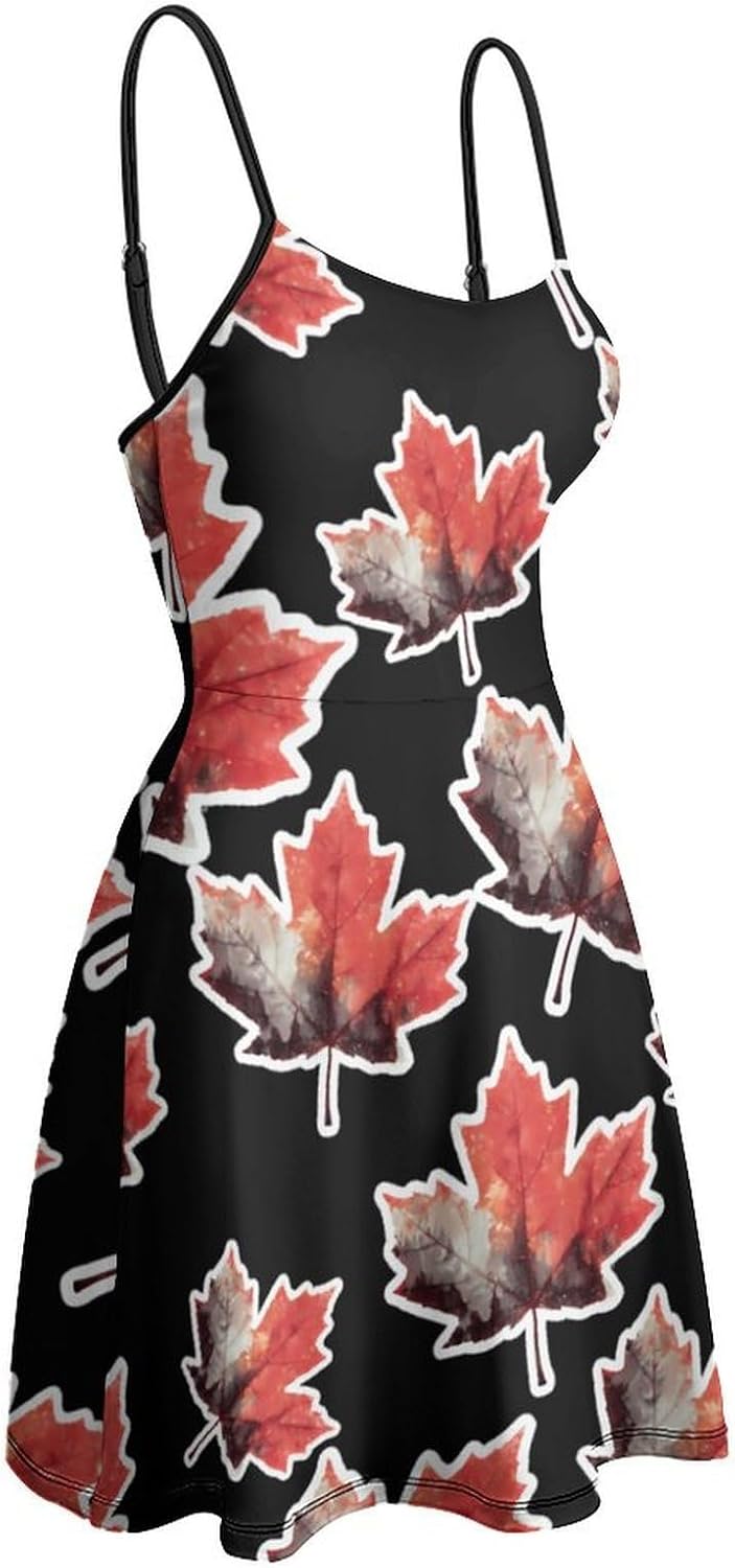 Canadian Maple Leaf Short Cami Dress for Women Adjustable Spaghetti Strap Flowy Sundress Beach Vacation