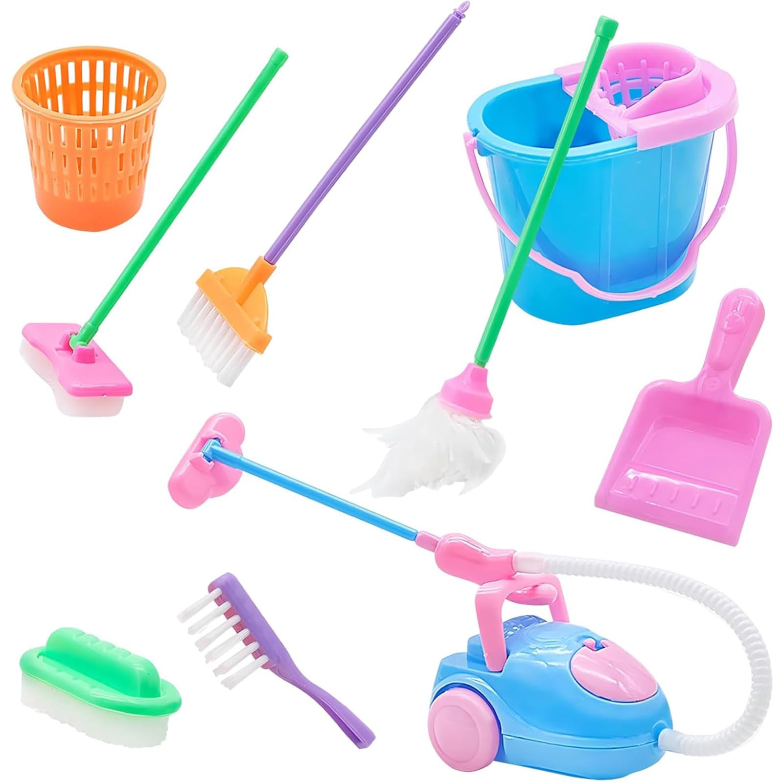 MiniDream 9 Pcs Toy Cleaning Set, Miniature Dolls House Accessories, Dolls House Accessories, Doll House Accessories, 1:12 Scale Mini Broom, Mop, Vacuum, Dustpan for Pretend Play