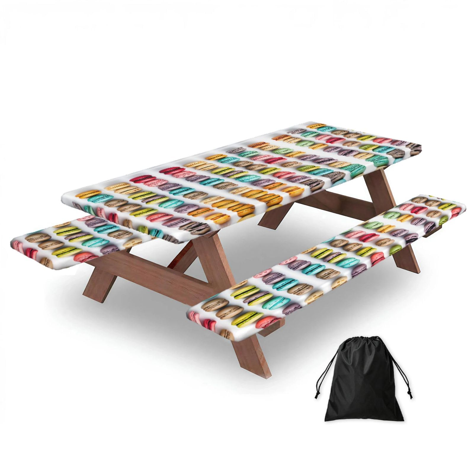 EZDLOWVBA Macaron Biscuit Flavored Pastries Print Picnic Table Cover With Bench Covers Waterproof Fitted Picnic Table Outdoor Elastic Picnic Tablecloth Outdoor Camping Essentials(3pcs)