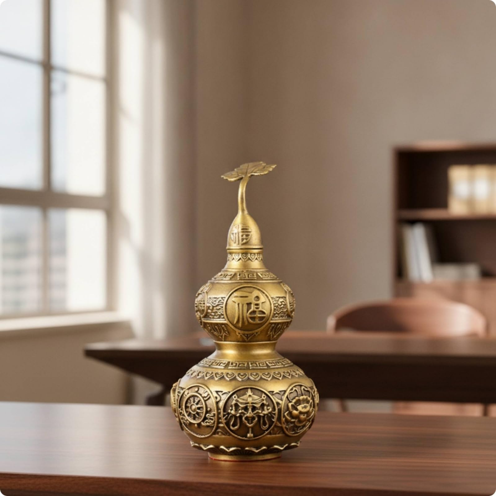 Vaso Decorativo in Ottone Gourd con Coperchio E Finitura Ottone Dorato Scultura con Pannelli Simbolo E Bande Incise Adatto per Mensola Console Studio, 40cm