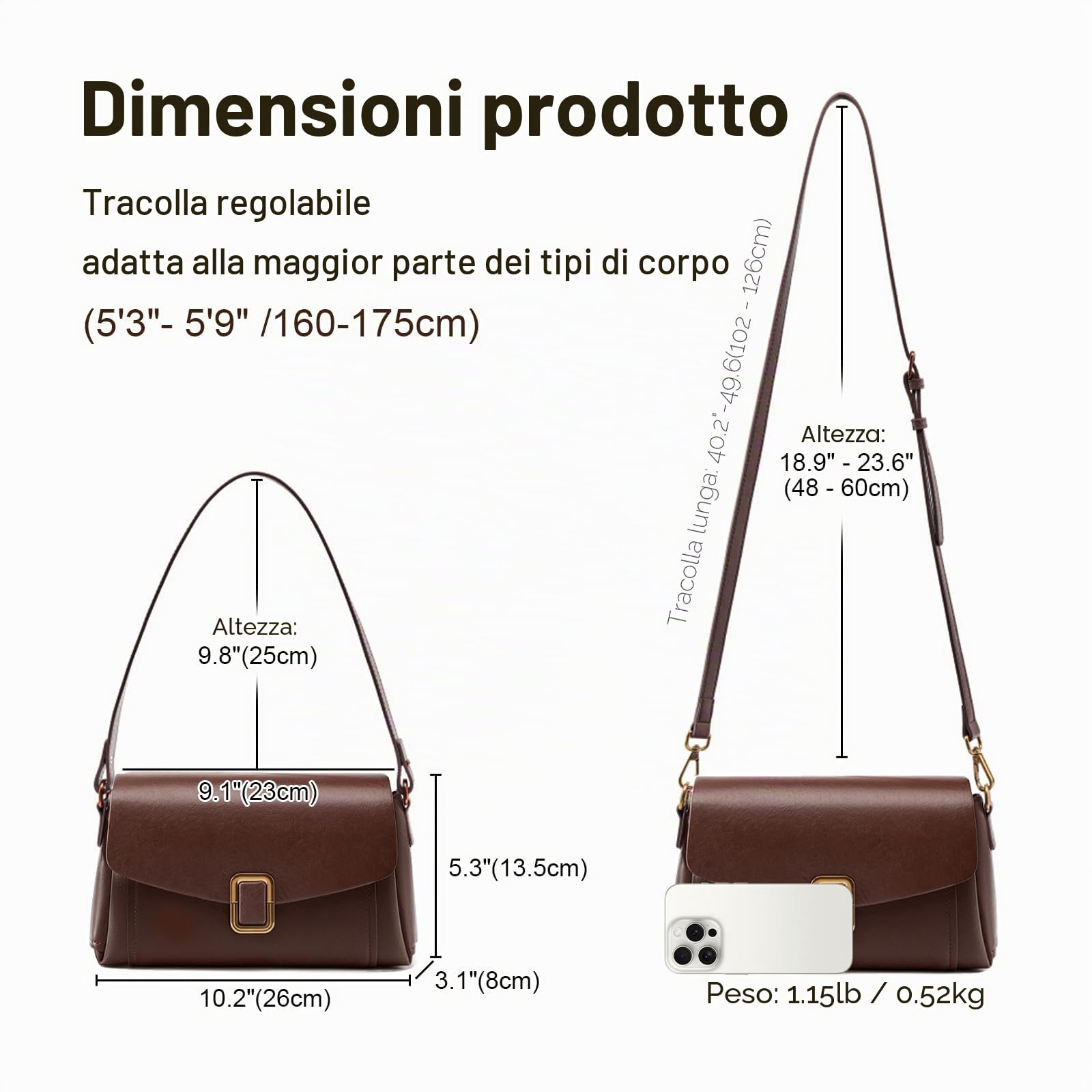 Borsa Tracolla Donna in Vera Pelle, Spallina Regolabile | Vera Pelle, 2 Tracolle Rimovibili, Stile Satchel, Compatta e Leggera, Per Viaggi, Uso Quotidiano, Lavoro e Regalo