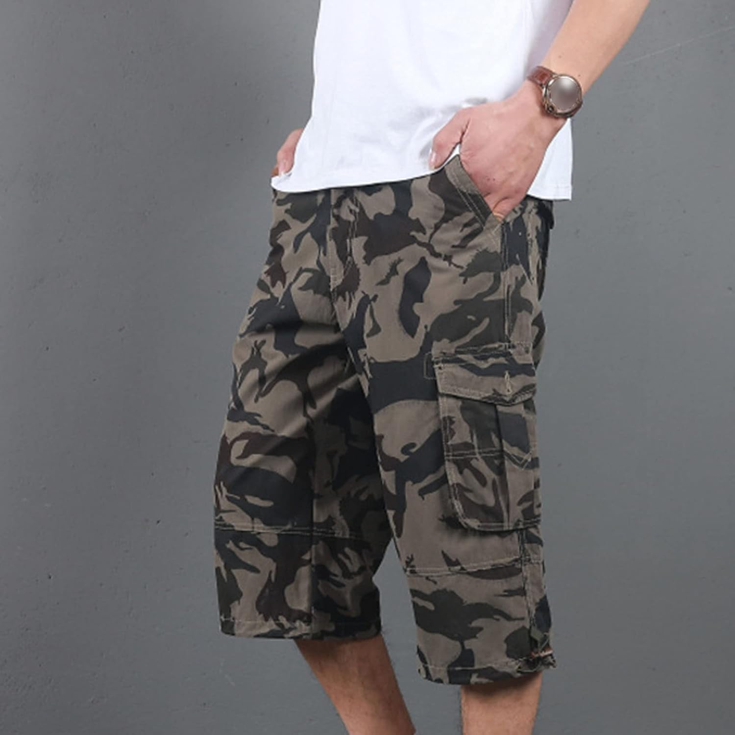 Men's Wide Leg Jogger Multi-Pocket Shorts Classic Training Camouflage Tooling Shorts Washed Cotton Cargo Shorts