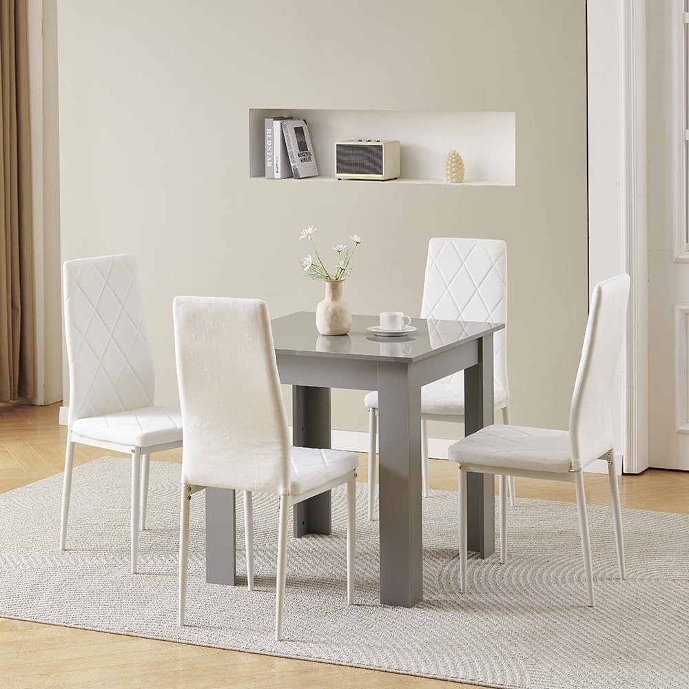 NICEME Compact Dining Table and 4 Chairs, Small Dining Room Set for 4 Seater Kitchen Table with Chairs for Small Space Saving, Glossing Tabletop 75x75 cm (Gray Table, 4 Seats,Velvet White #2)