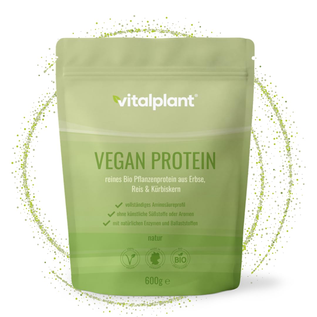 Vitalplant® Veganes Proteinpulver aus Erbse, Reis und Kürbiskern | Protein Pulver Vegan mit vollständigem Aminosäureprofil | 100% Vegan Protein Pulver ohne Süßungsmittel | Laktosefrei