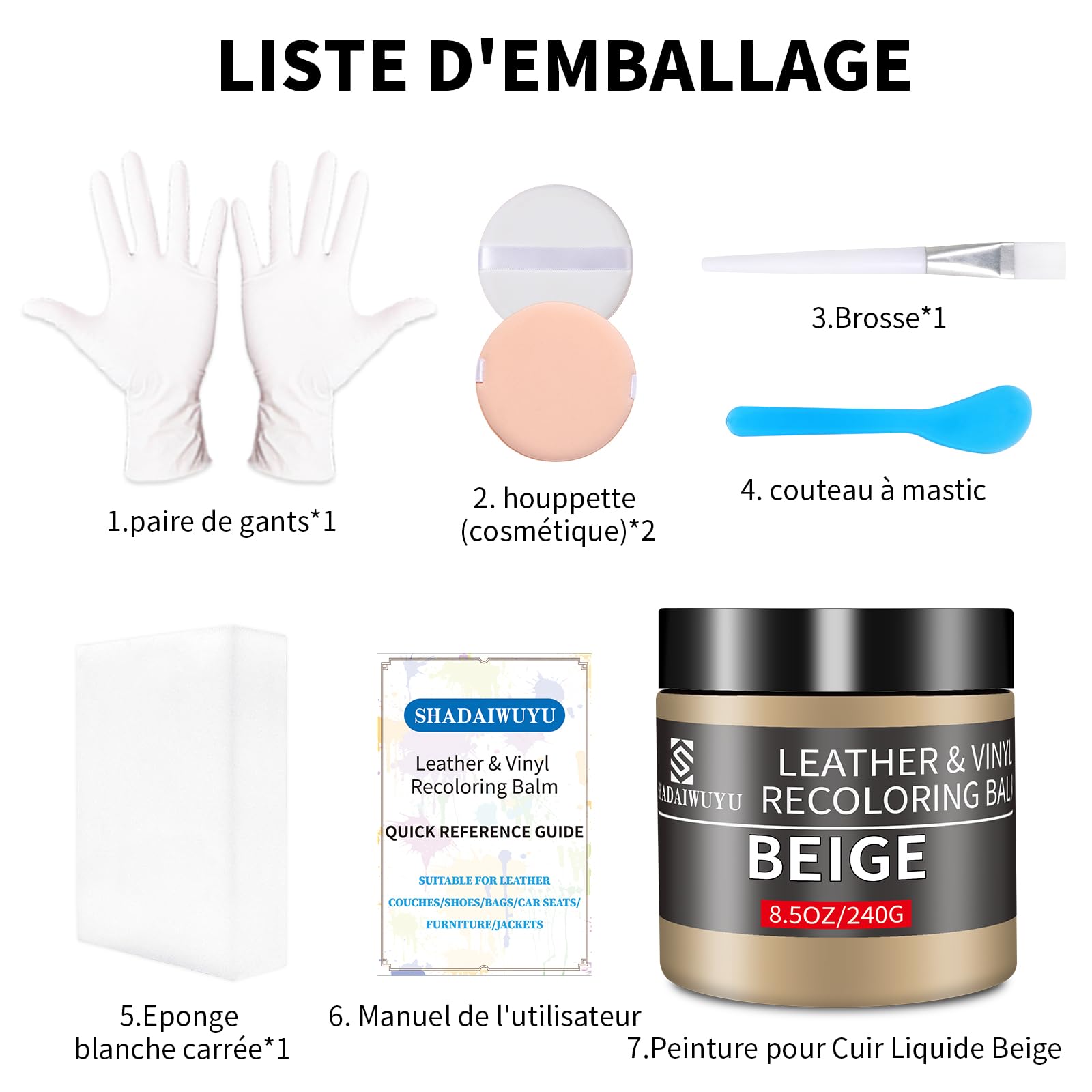 SHADAIWUYU Kit Reparation Cuir Beige,Teinture Cuir,Peinture Cuir Liquide pour Réparer Les éraflures et la Décoloration sur Canapés, Meubles en Vinyle, Sièges d'auto, Chaussures et Selles