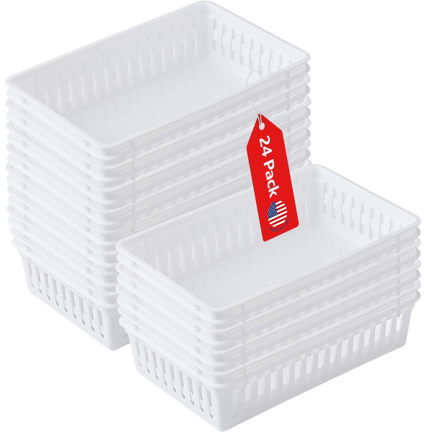 Tribello Plastic Bin Baskets for Organizing, White Storage Tray, Rectangle 9 x 6 x 2 - Pack of 24 - Made in USA (24 Pack)