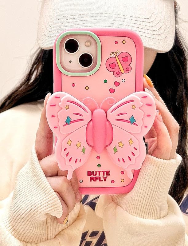 Image of COVERLY for iPhone 15 Pro Max 3D Butterfly Lovely Cartoon Case,Premium Silicone Case Wings with Folding Stand Holder Cool Full Protective Cute Kawaii Aesthetic Cover for Apple iPhone 15 Pro Max