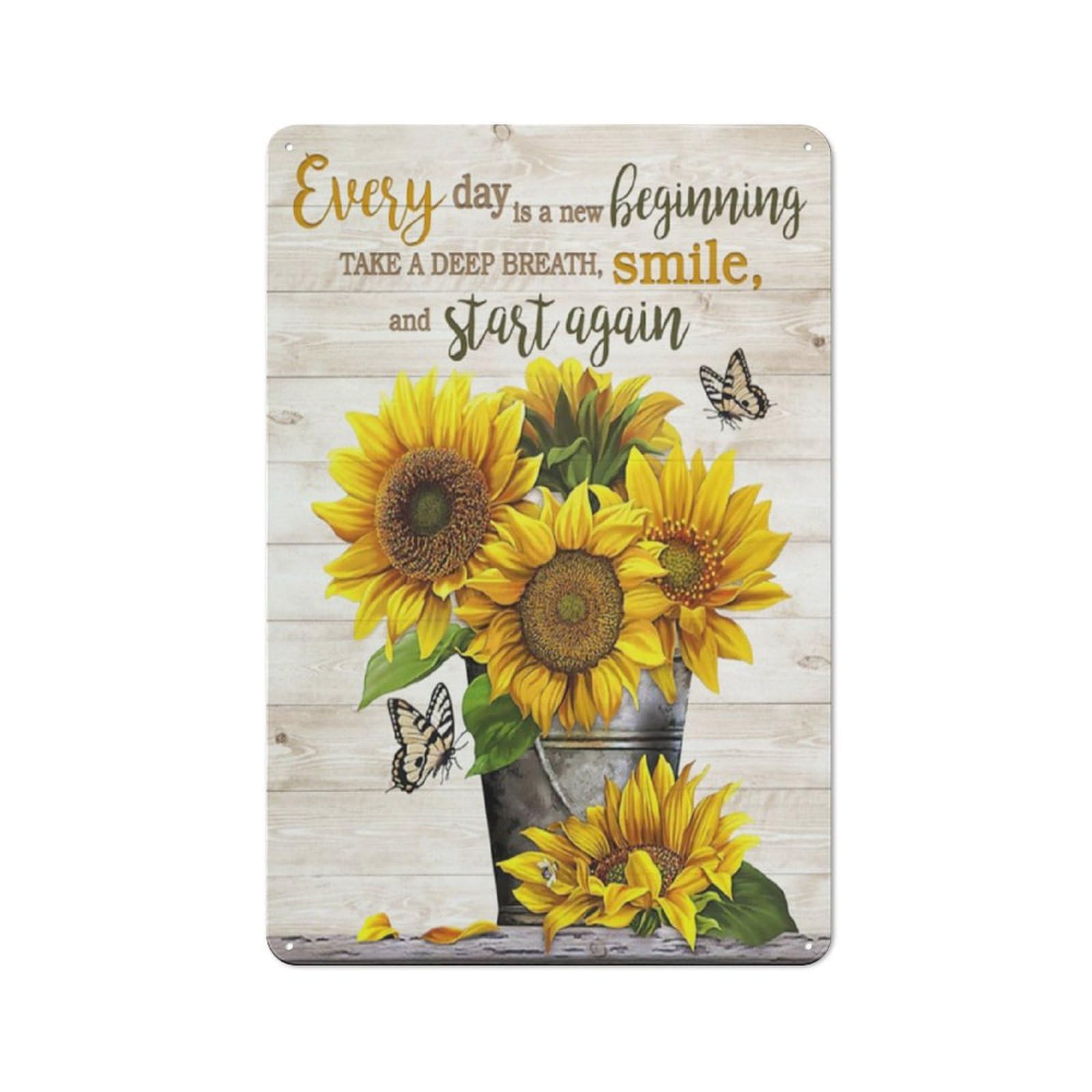 Kisoyo Tin-02 Rustic Metal Tin Sign Sunflower Everyday Is A New Beginning Take A Deep Breath Smile And Start Again Country Wall Art Farmhouse Parlor Garden Home Courtyard Wall Decor 8X12 Inch