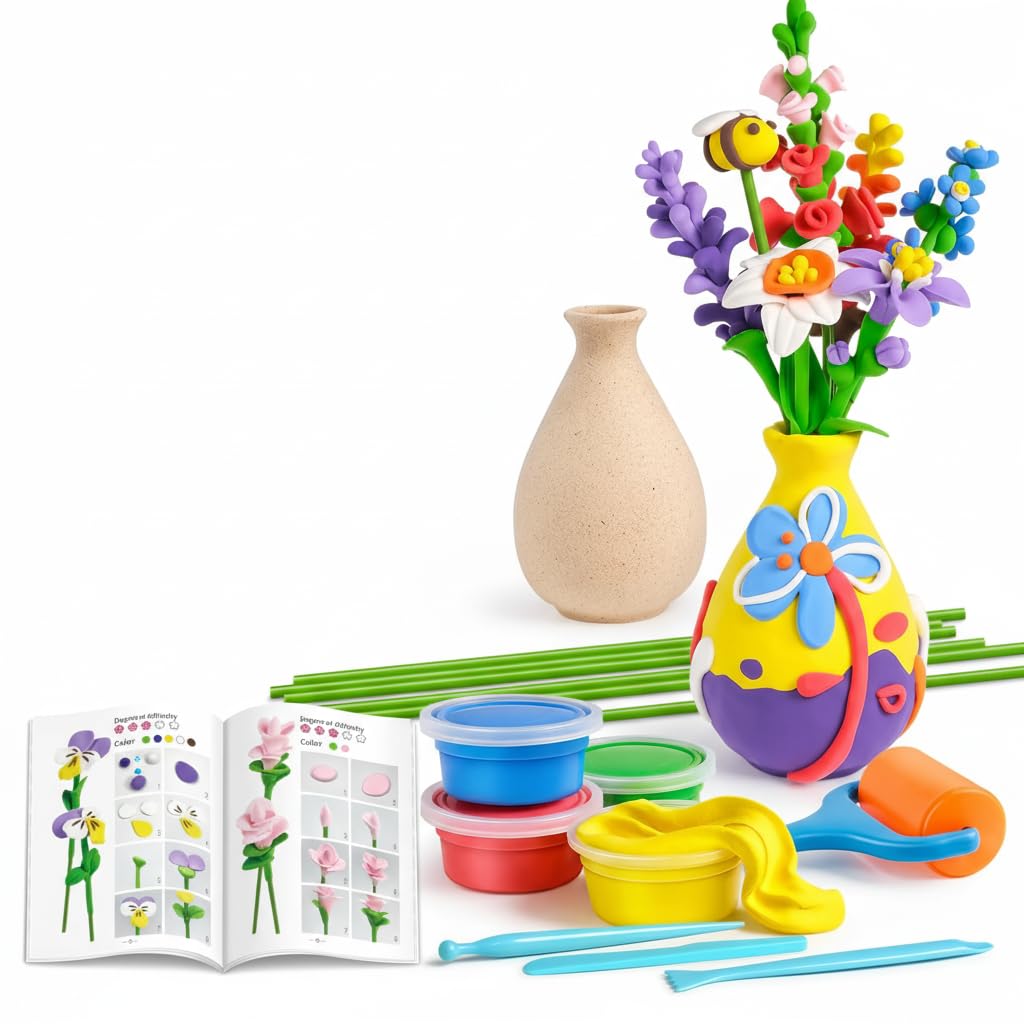 TERRIFI Flower Craft Kit for Kids, Make Your Own Flower Bouquet with Air Dry Clay, Arrange Clay Flowers and Create Personalized Art, Great Gifts for Girls