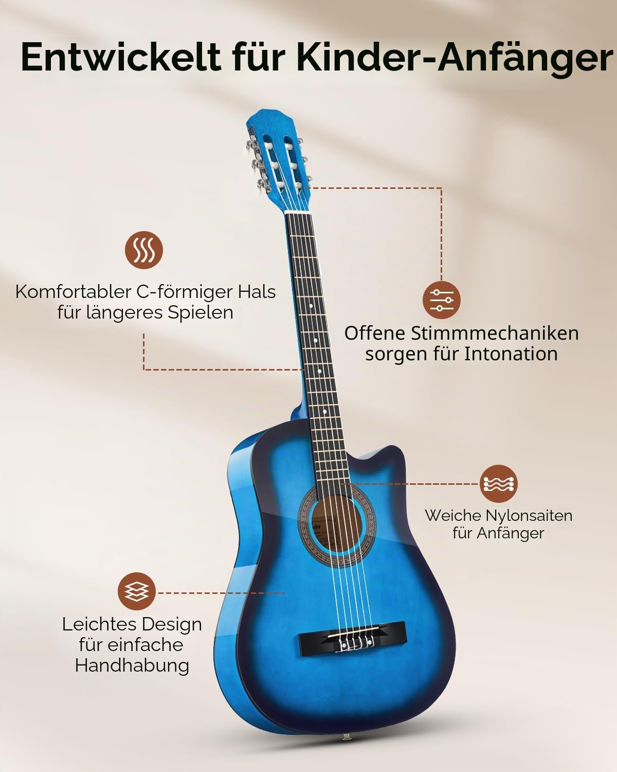 Moukey Akustikgitarre für Anfänger, Kinder, Jugendliche, Erwachsene, Cutaway-Gitarre, Acustica-Kit mit Akkord-Poster, Gigbag, Stimmgerät, Plektren, Nylonsaiten, Kapodaster, Gurt, Blau