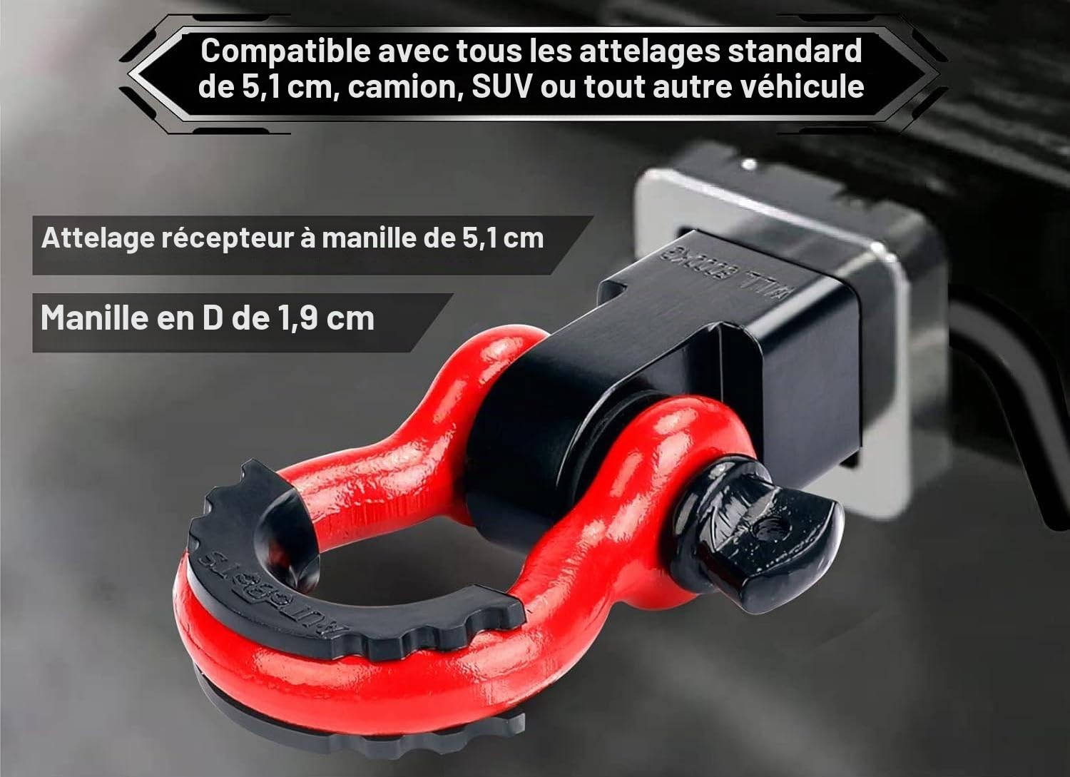 Manille Récepteur d'attelage 2 Pouces, 3/4" D-Ring avec Goupille d'attelage, Crochet de Remorquage Automobile Universel, pour Camion Jeeps de Récupération Off-Road