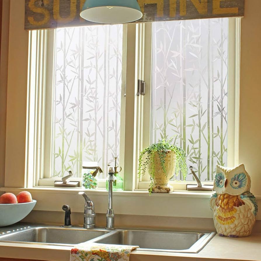 Dktie Window Film Privacy Vinyl Frosted Window Film No-Glue Stained Glass Window Film Removable Floral Static Cling Films For Kitchen, Bathroom, Kids Room 90X200CM