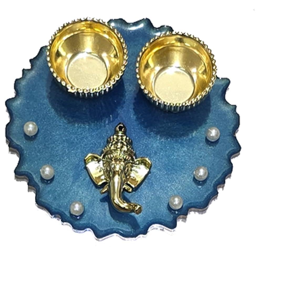 Resin Pooja Thali with Ganpati Idol, Blue and Gold, 4x4 Inches, Pearl Embellished, Return Gift-image-20