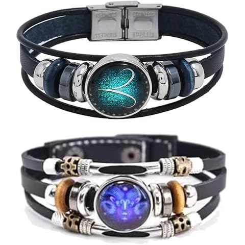 2Pcs Multilayer Constellation Zodiac Leather Bracelet Handmade Woven Zodiac Sign Wrap Bracelet Wristband for Women Men Jewelry Birthday Gift