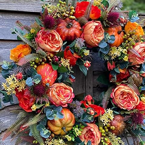 LGZY Autumn Front Door Wreath, 17.7Inch 21.6Inch Fall Peony Pumpkin Wreath, Small Pumpkin Fall Wreath, Thanksgiving Wreath, Artificial Wreath, Thanksgiving Decoration,55CM Cover
