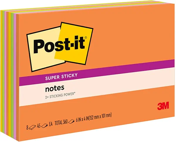 Post-it Super Sticky Notes, 8 Sticky Note Pads, 6 x 4 in., School Supplies, Office Products, Sticky Notes for Vertical Surfaces, Monitors, Walls and Windows, Energy Boost Collection
