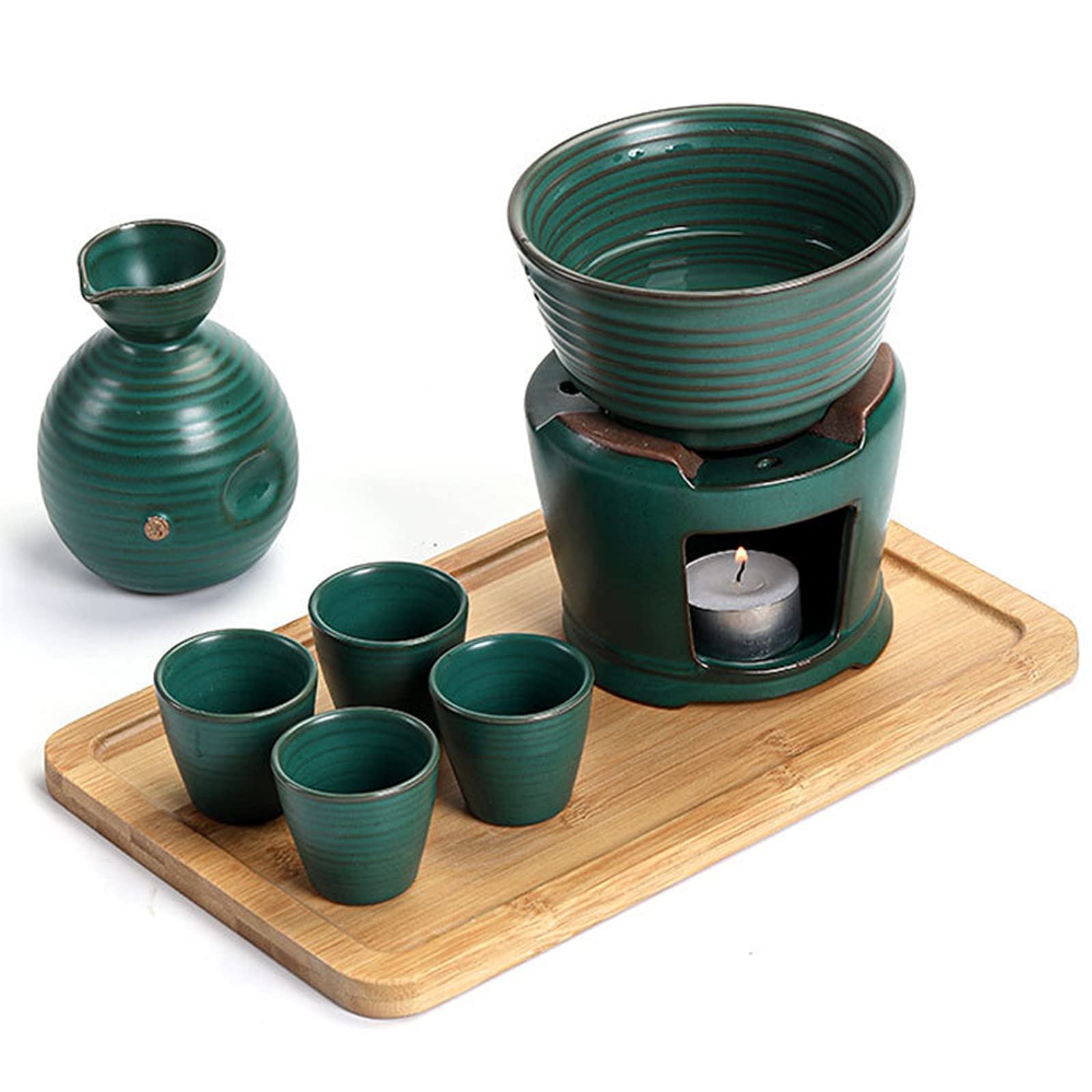 Set per sake in ceramica, set per sake e tazze con scaldavivande, kit per bevande calde per sakè in porcellana tradizionale, 8 pezzi, include 1 fornello, 1 ciotola riscaldante, 1 sakè, bottiglia, 4