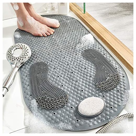 MOLFUJ 32"X16" Foot Scrubber Shower Mat with Pumice Feet Scrub Stone, Oval Bathtub Mat with Antislip Suction Cups and Drain Holes, Non Slip Bath Mat with A Pumice Stone for Feet Massage - Grey