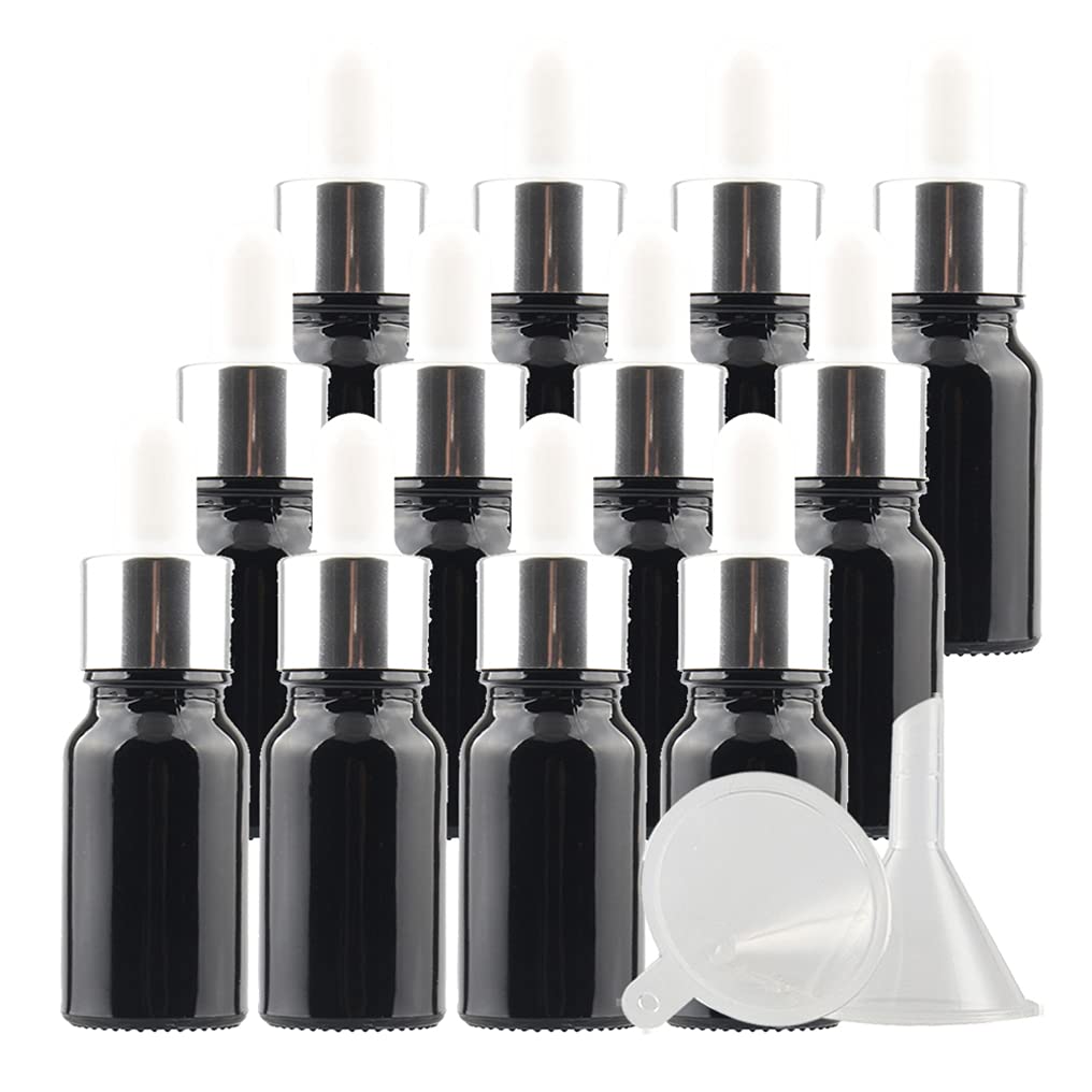 24 Pezzi Nero Lucido Bottiglie Contagocce Vetro 10 ml, con Pipette Contagocce Vetro,anello a vite Argento, per Laboratorio,Olio Essenziale, Aromaterapia +4 imbuti