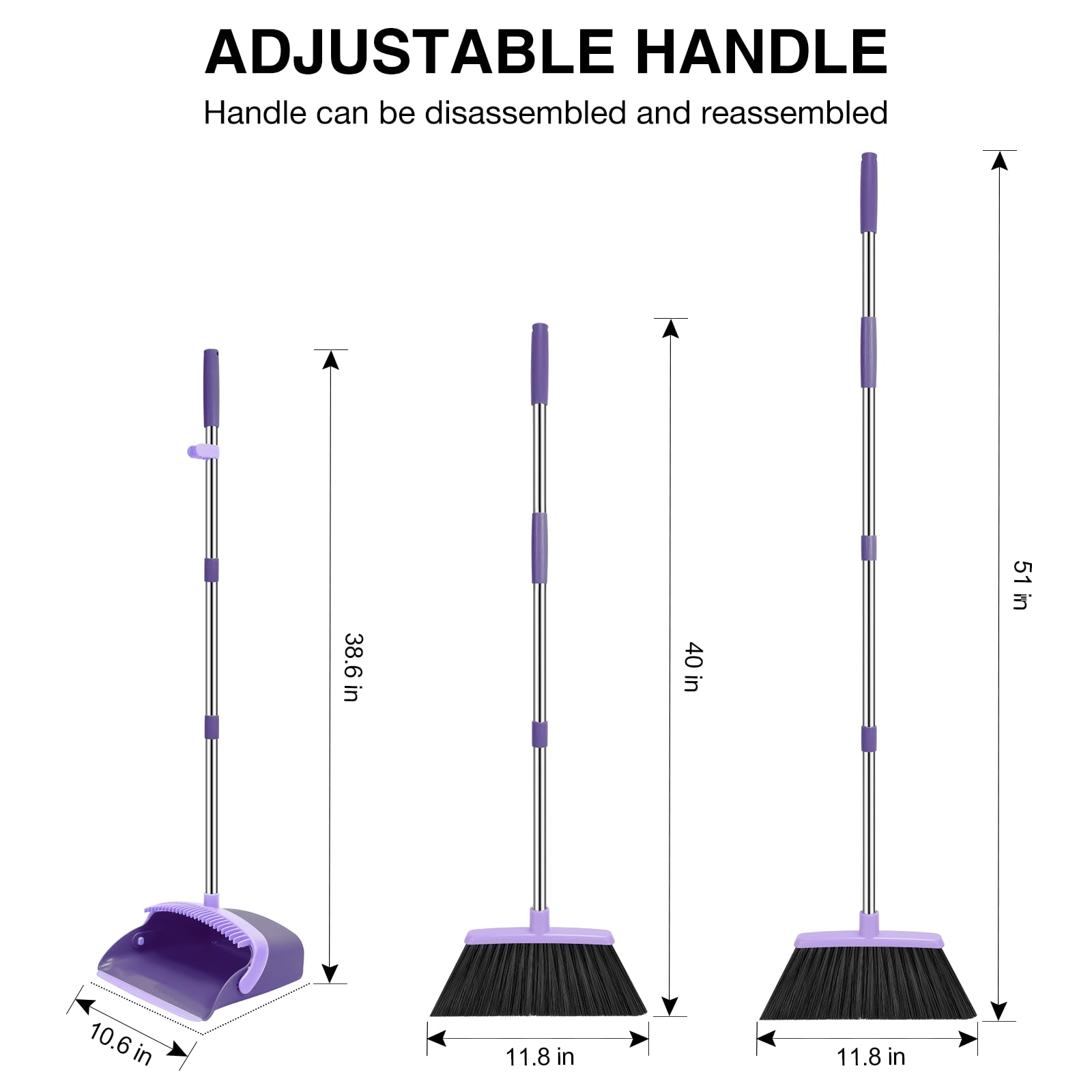 NACENA Besen- und Kehrschaufel-Set, 132,1 cm lang, Verstellbarer Griff, Besen, Kehrschaufel mit Kehrschaufelzähnen zur automatischen Haarreinigung, geeignet für Zuhause, Küche, Büro, Flur, Boden