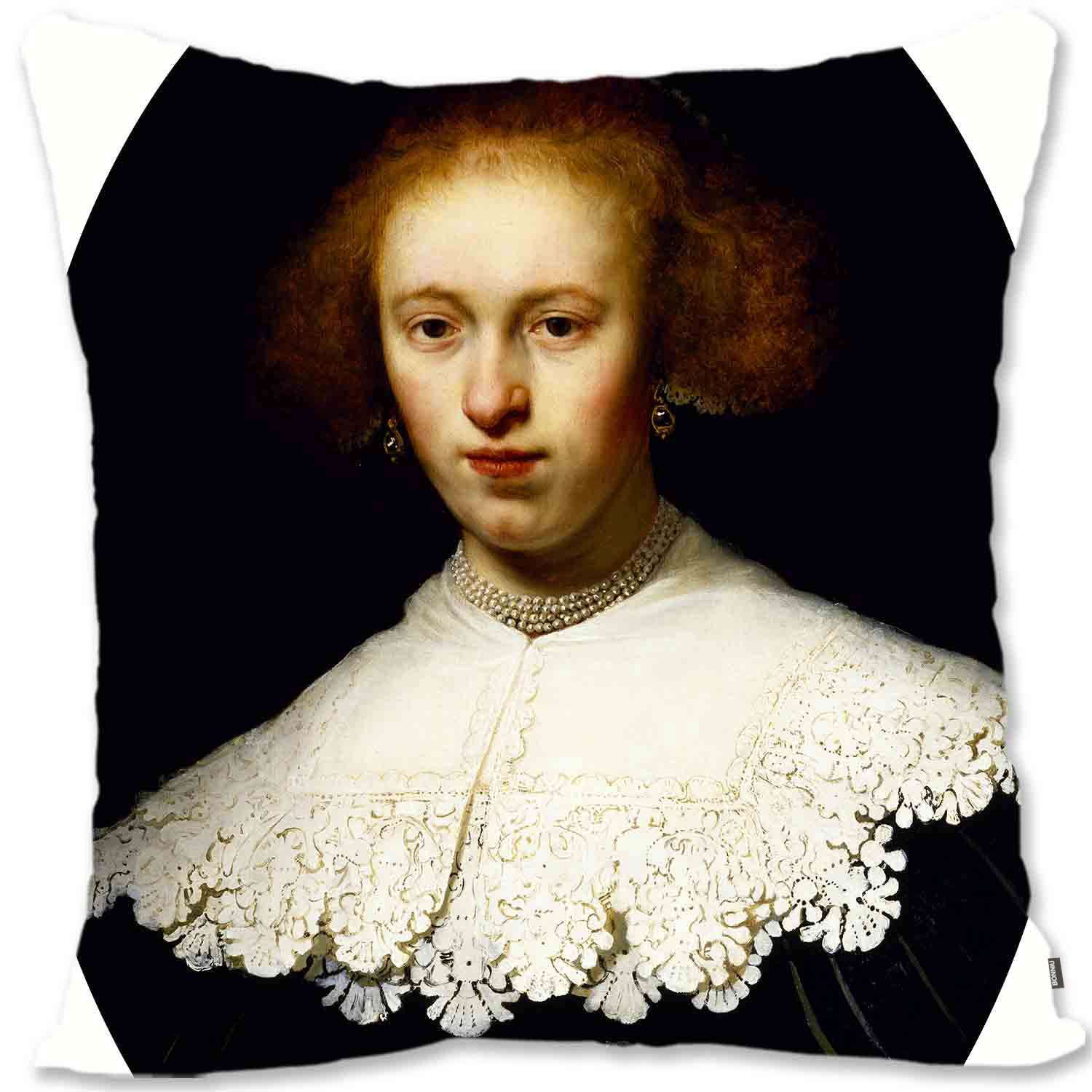 BONNIU Federa Copricuscino con Cerniera 50X50 cm Protezione Cuscino Velluto Decorativo Ritratto Donna Barocca Rinascimentale Art Deco - Rembrandt - Giovane Donna 3 RV352