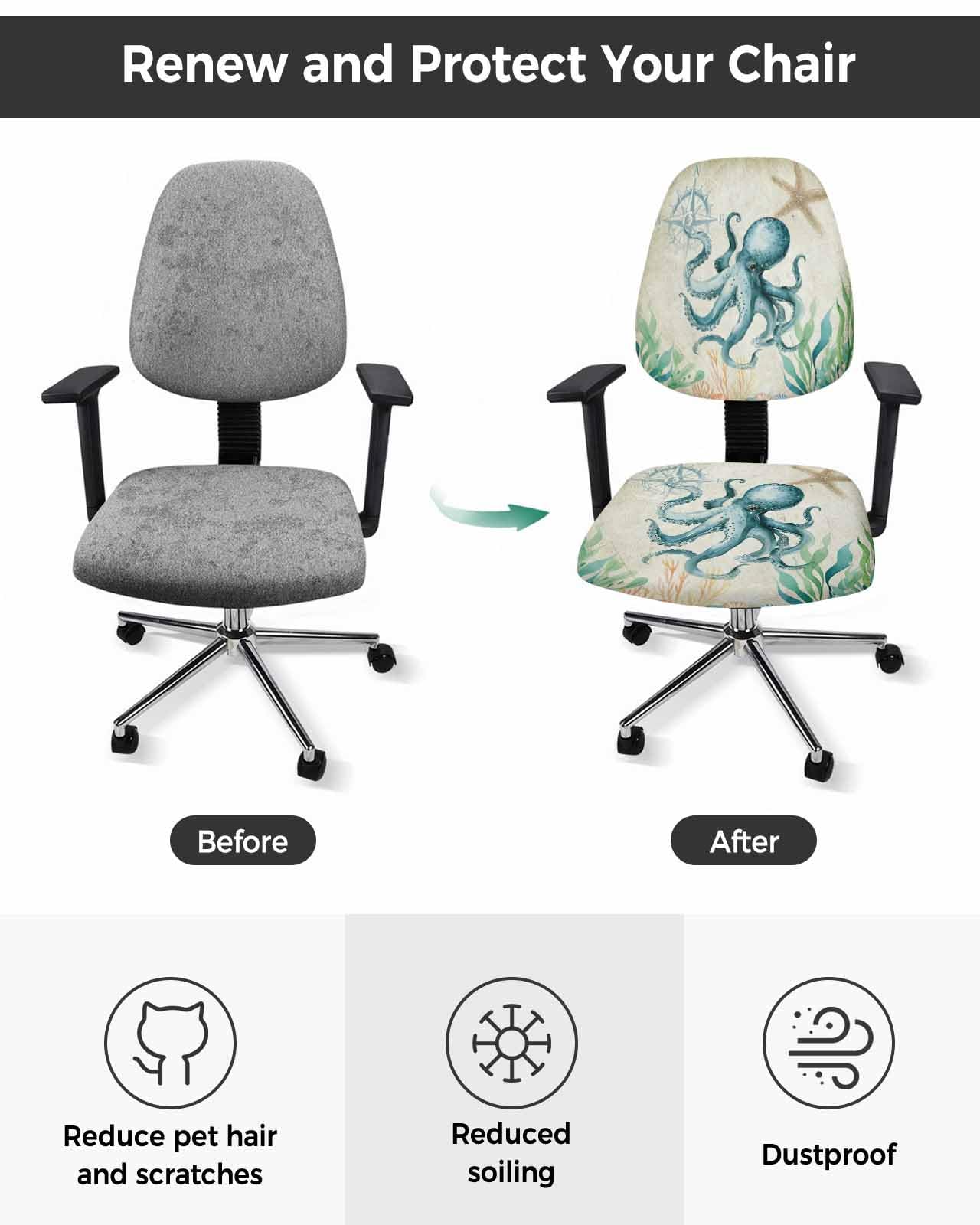 Coastal Teal Octopus 2 Pieces Computer Office Chair Covers Set,Stretchable Desk Rotating Chair Seat Cushion Slipcover Back Covers,Vintage Nautical Marines Life Slipcover Back Cover,Protectors Cover