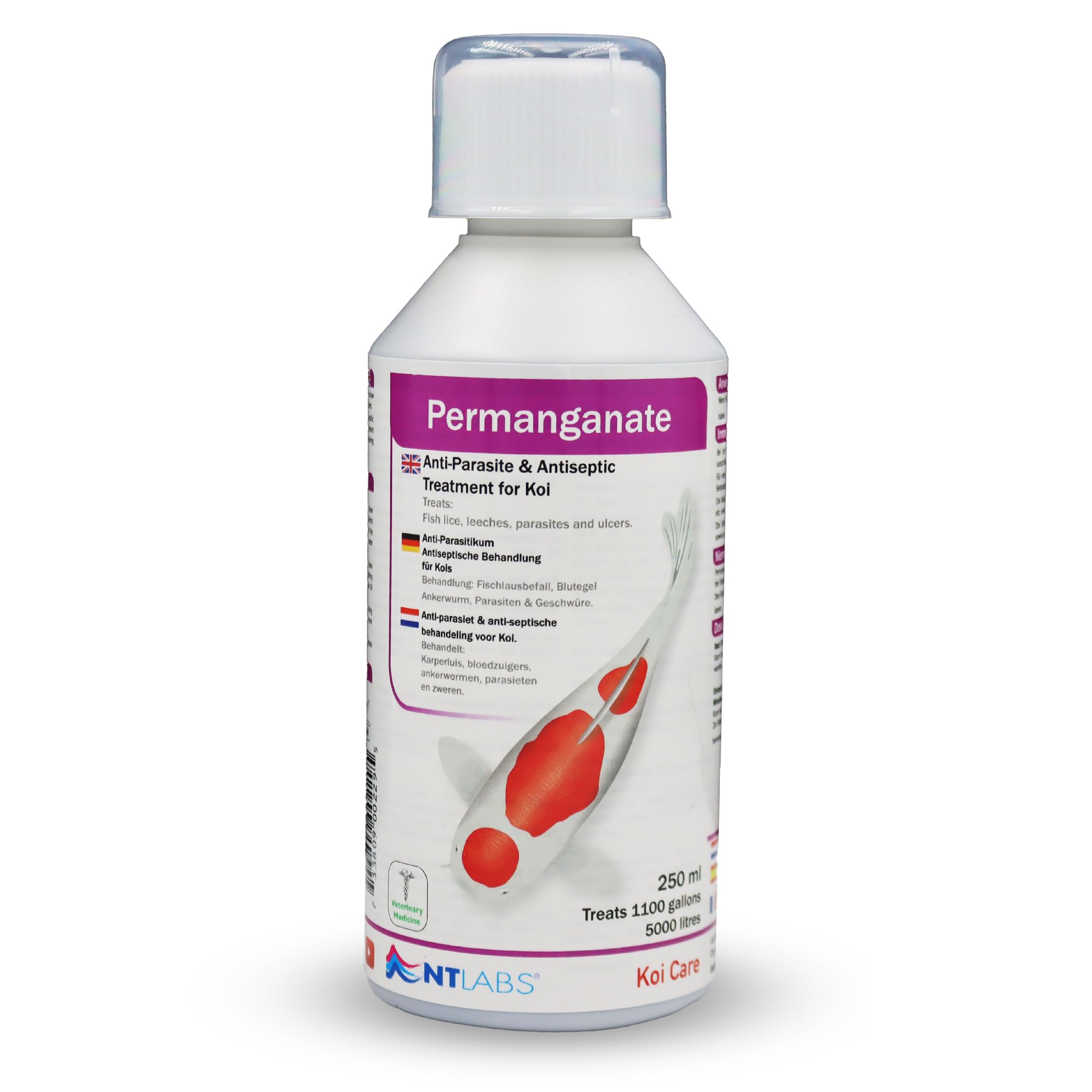 NT Labs Koi Care Permanganate Dip, Koi Medicine, Treats Fish Lice, Leeches, Parasites and Ulcers, Dip Koi Treatment, 250ml