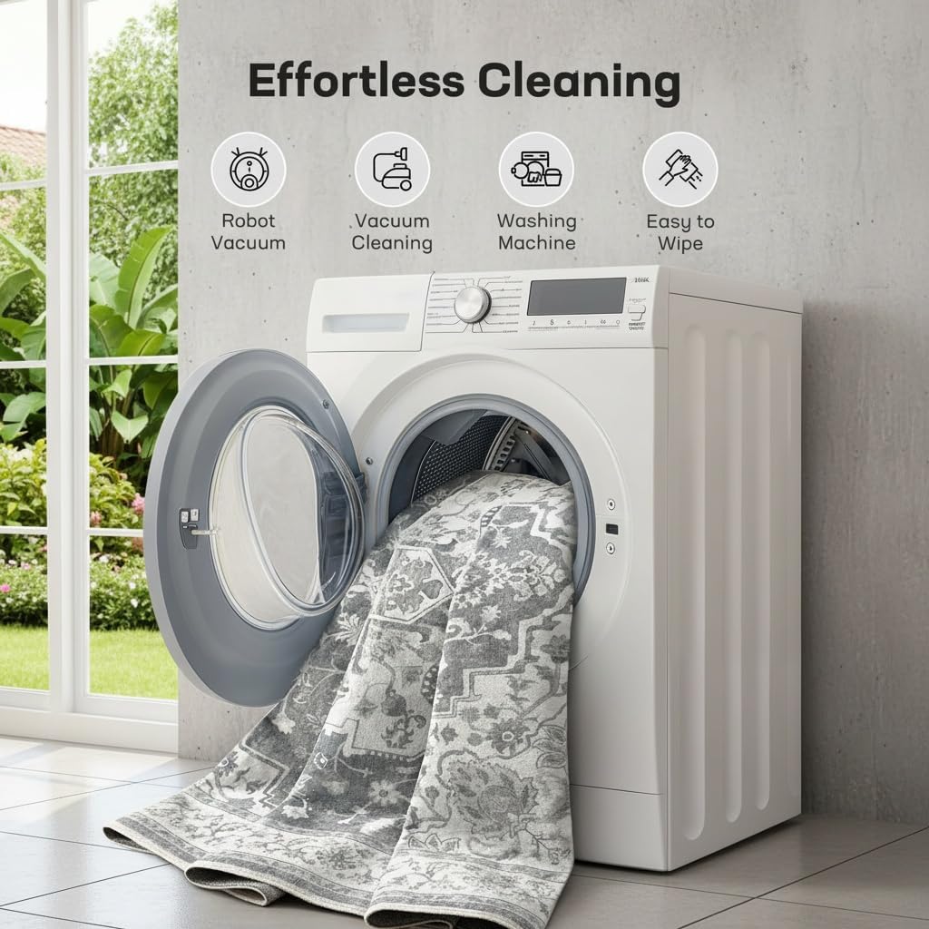 Marsail 8x10 Machine Washable Area Rug,Soft & Slip-Resistant, Vintage Floral Short-Pile with Reinforced Bound Edges, Large Rug for Living Room, Dining Room, Bedroom,Light Grey