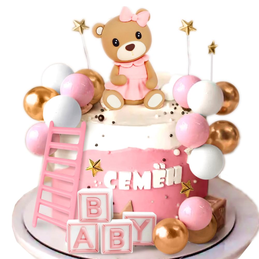 JeVenis Pink Bear Cake Decoration Baby Bear Baby Shower Cake Topper Bears Train Cake Decoration Baby Shower Birthday Cake Decoration