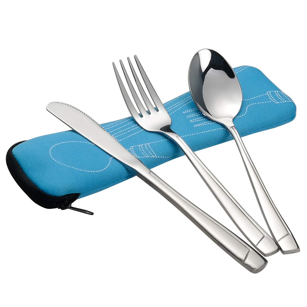 Sandmovie 3 Pieces Stainless Steel Travel Hiking Picnic Climbing Outdoor Cutlery with Light Blue Case, Service for 1 Person