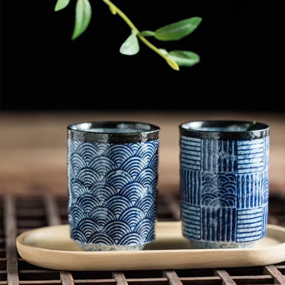 Taza de Té Japonesa, Juego de 2 Tazas de Té de Porcelana, Taza sin Asa de Cerámica Chino, Azul, 275 ML