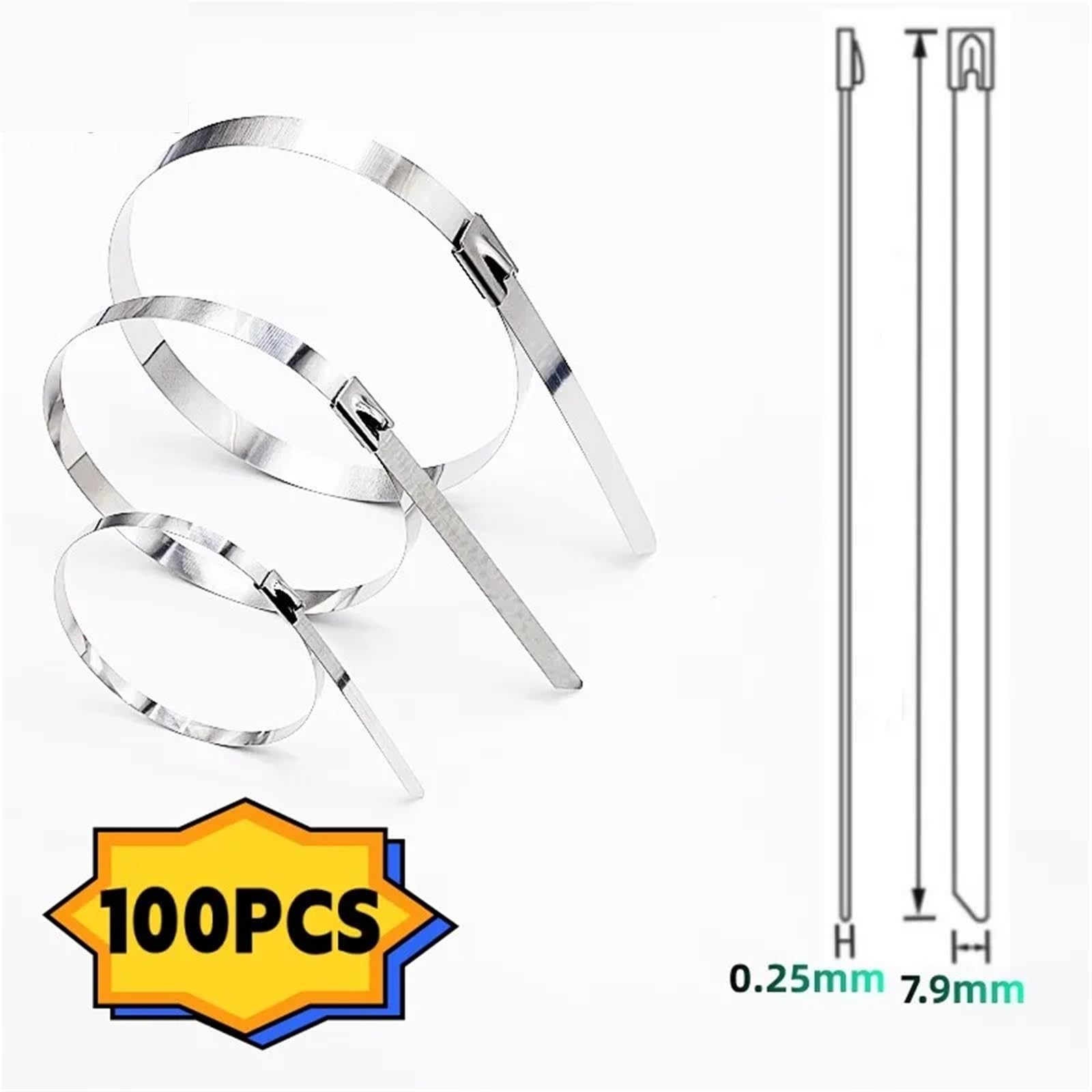 Bridas de Acero Inoxidable 304 con Bola autoblocante de 7,9 mm y 0,31 Pulgadas for Escape, con Revestimiento de Metal y Cierre de Cremallera. para alambres, Cables(100PCS,7.9x450mm)