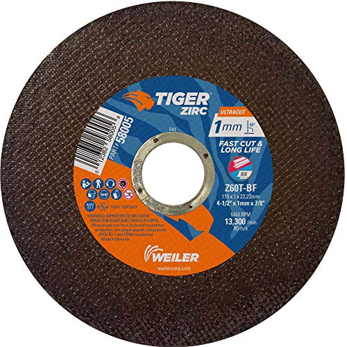 Weiler 58005 4-1/2 x 1mm Tiger ZIRC UltraCut Type 1 Thin Cutting Wheel, Z60T, 7/8 A.H. (Pack of 50)