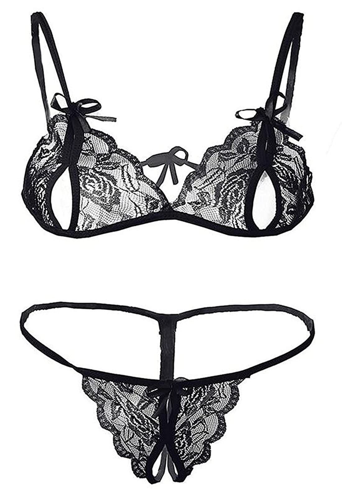 SoSh Love Sexy Women Girl Lingerie Lace Babydoll V Neck Chemise with Bra Panty Nightwear Babydoll Lingerie Set for Honeymoon Nightwear Beahwear BeachParty Lingerie with Panty Free Size Black - Image 3 thumbnail