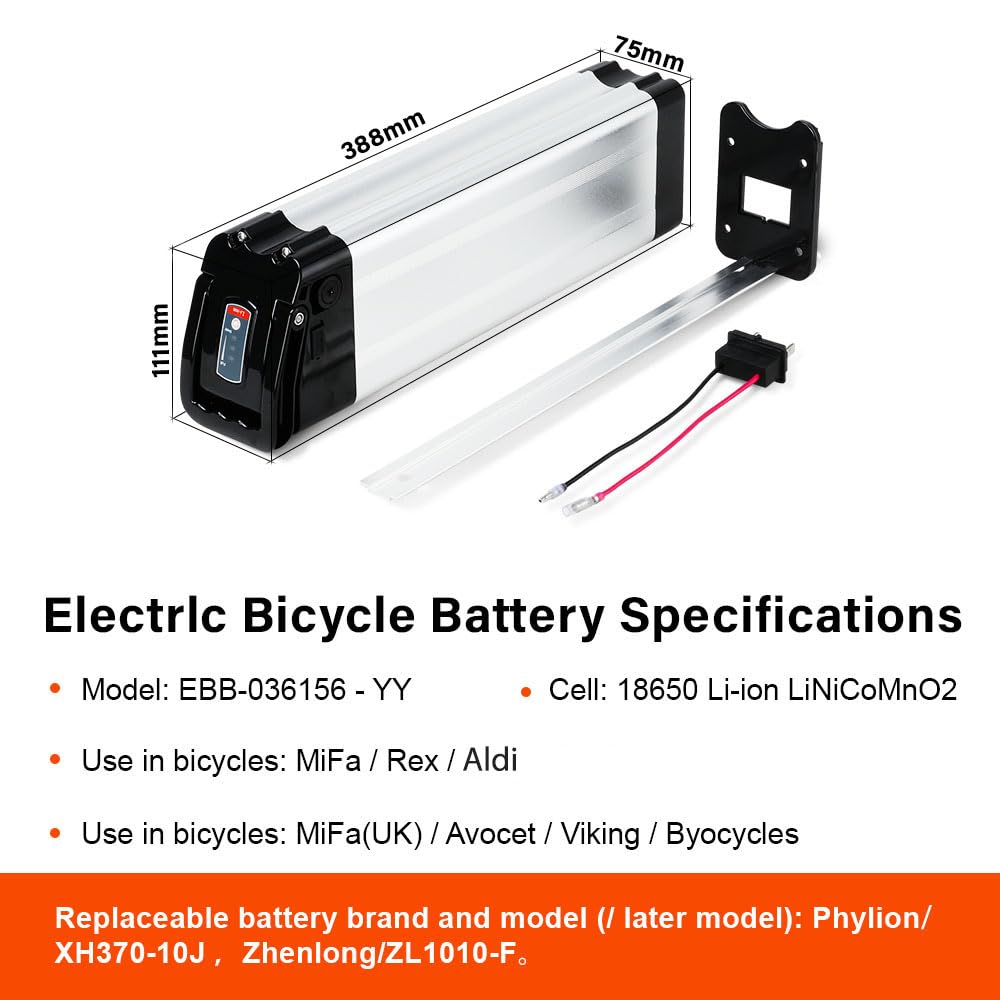 SEASON E-Bike Batterie de Vélo électrique 36V 10.4Ah / 14.5Ah / 15.6Ah / 18.2Ah XH370-10J Lithium-ION Battery pour E-Vélo MiFa Rex Aldi Phylion Zhenlong/ZL1010-F