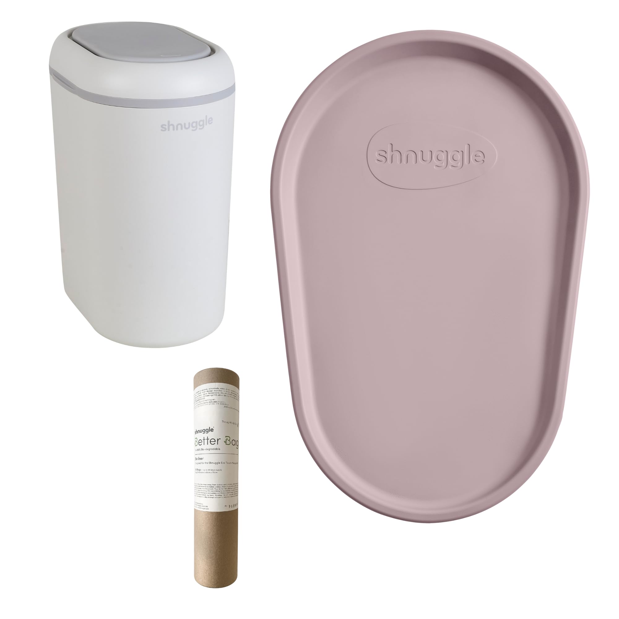Shnuggle Changing Essentials Bundle - Squishy Changing Mat, Eco-Touch Nappy Bin + 2PK Better Bag Nappy Liners - Wipeable, Odor-Locking + Eco-Friendly (Blossom)