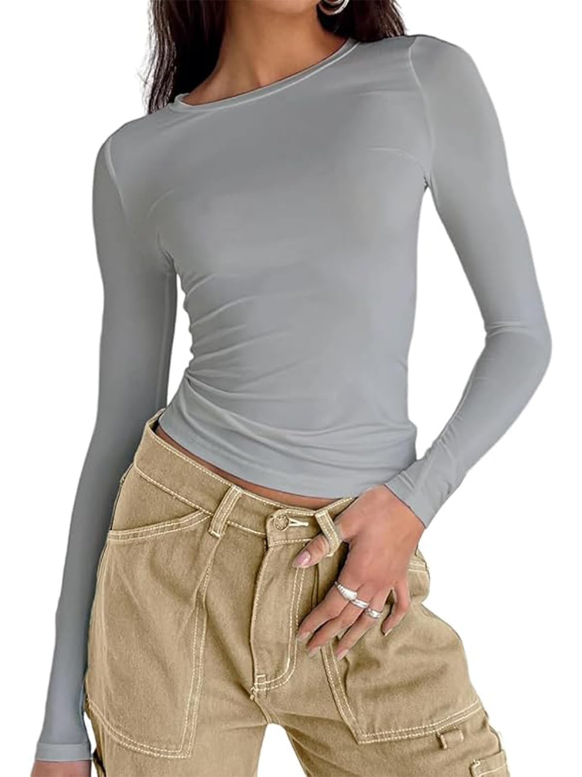 OYIGELZ Langarmshirt Damen Klassischer Basic T-Shirt Crop Tops Y2K Slim Fit Oberteile Sweatshirt Casual Rundhals Tee Shirt