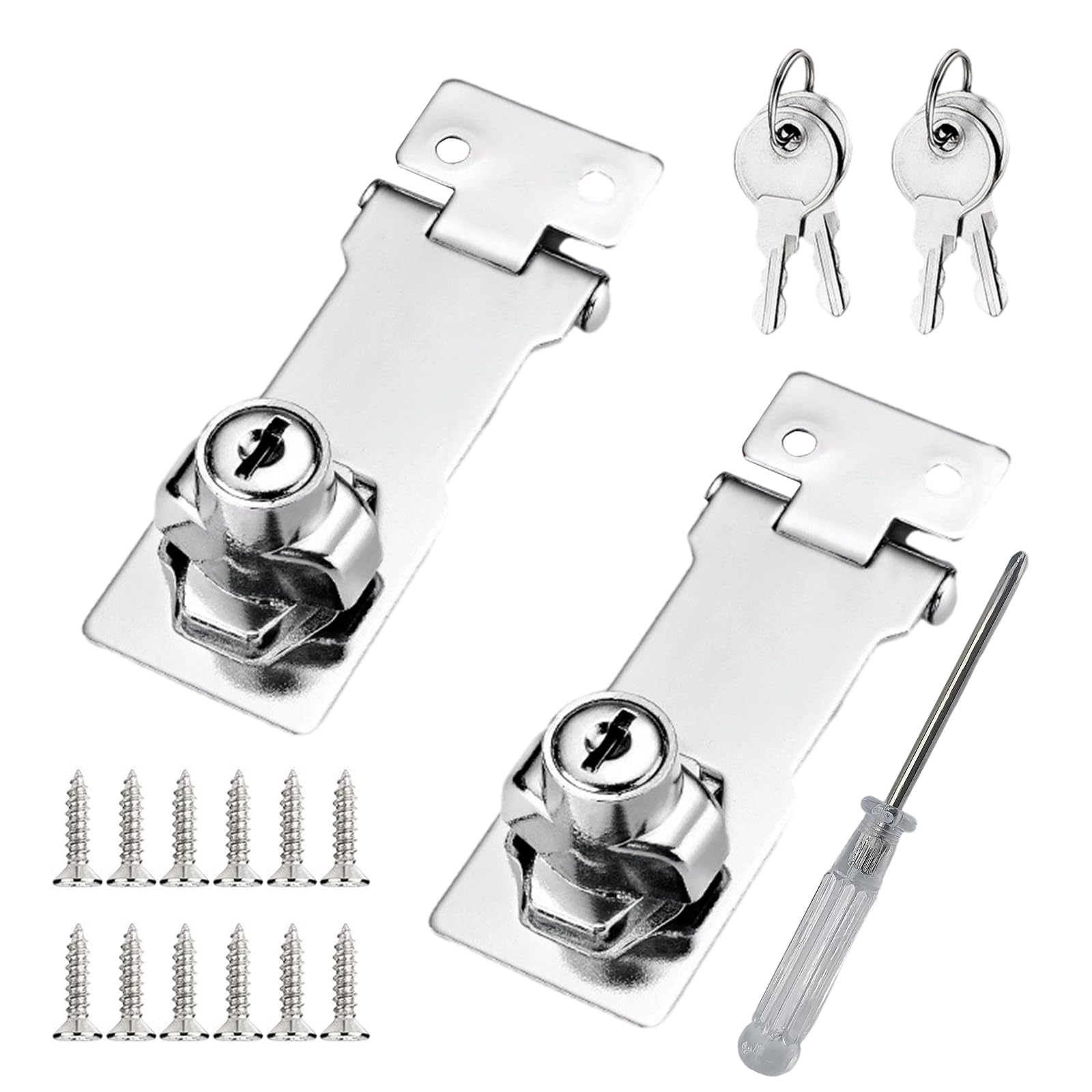 Ydakguey Silver Keyed Hasp Lock, 3 Inch Twist Knob Keyed Locking Hasp, Door Lock Hasps With 4 Keys And Screw, Safety Door Clasp Twist Knob Keyed Locking Hasps For Cupboard, Drawer, Gate (, 2 Packs)