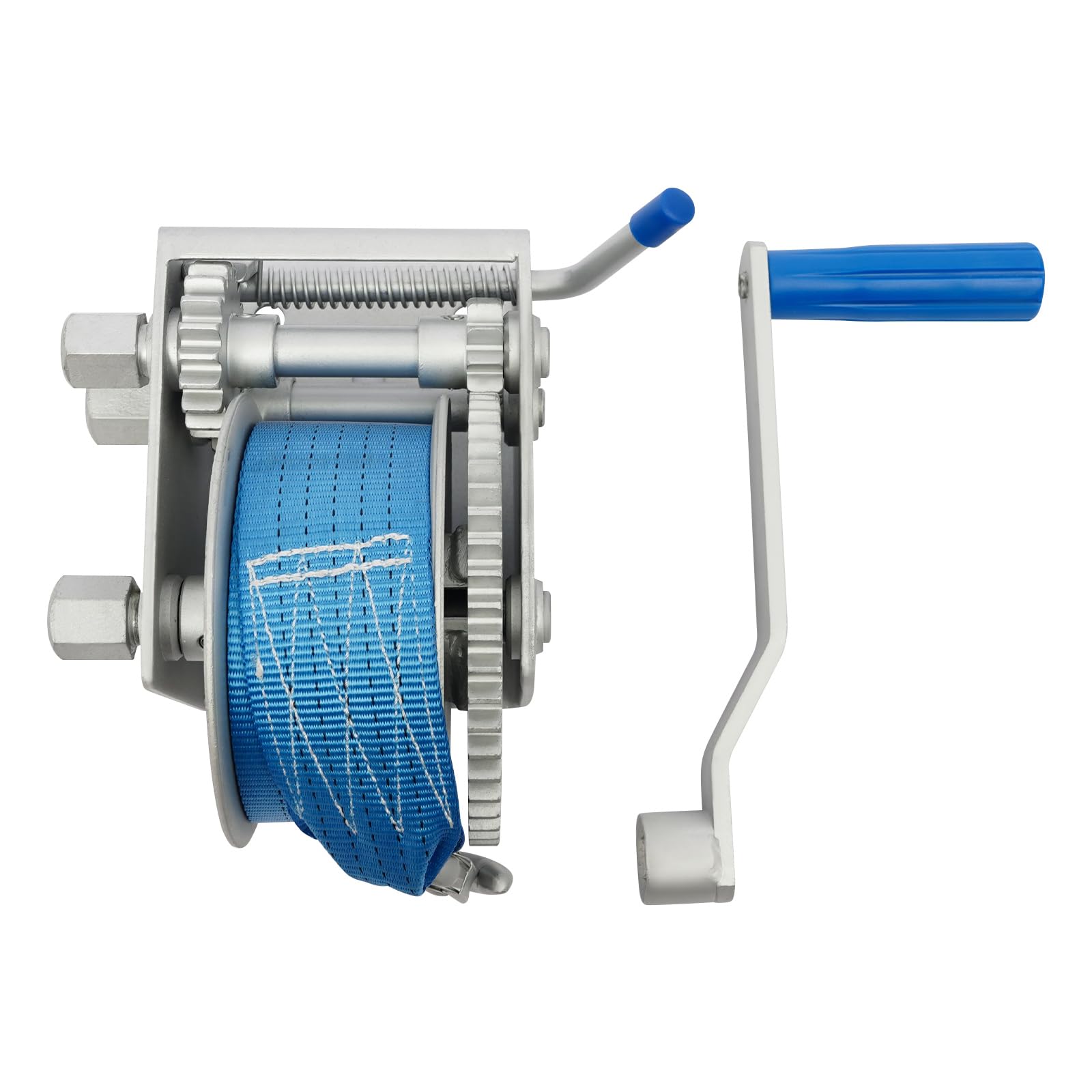 Cabrestante manual con 3 niveles de transmisión (3:1/5:1/10:1), cabrestante manual con correa de 7,5 m y bloqueo de seguridad contra ruedas traseras, cable de mano portátil para remolques y