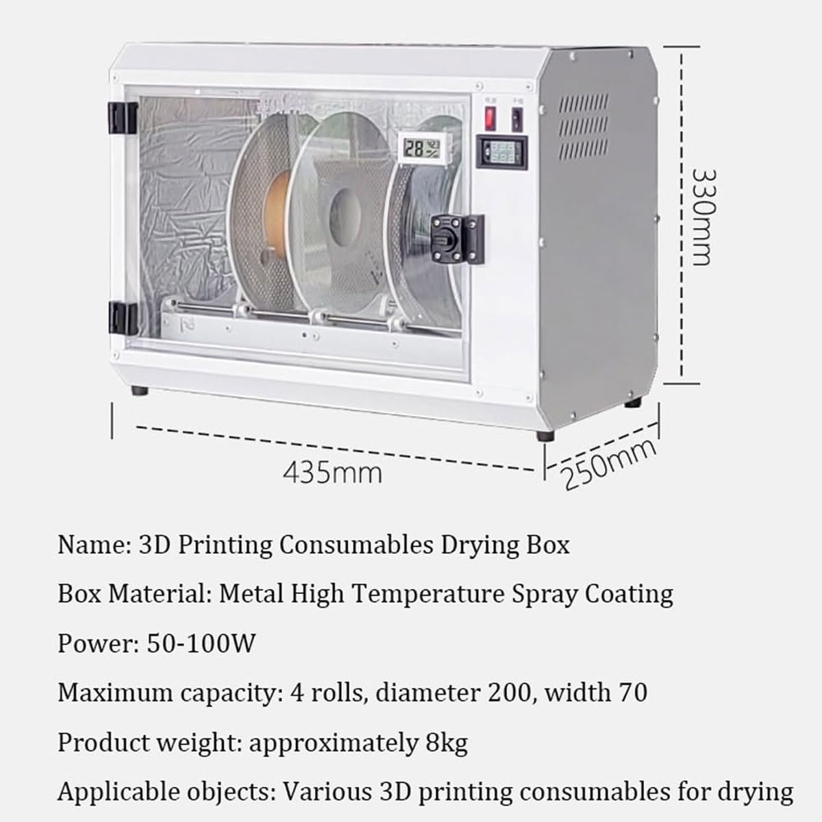 Suszarka do filamentów do drukarek 3D, suszarka do filamentów na 4 szpule z termometrem/higrometrem,regulacja temperatury w zakresie 0-70°C, do materiałów PLA PETG ABS o grubości 1,75 mm/2,85 mm