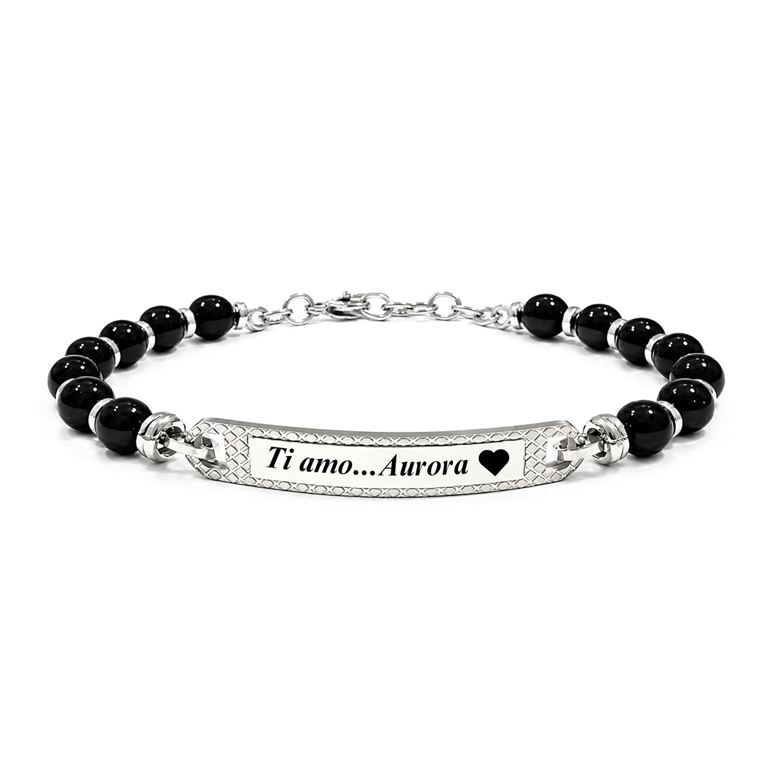 Bracciale Uomo Personalizzabile con Incisione in Acciaio Inox e Pietre Dure Onice Nera – Gioiello Maschile Personalizzato con Frasi e Date – Idea Regalo Uomo