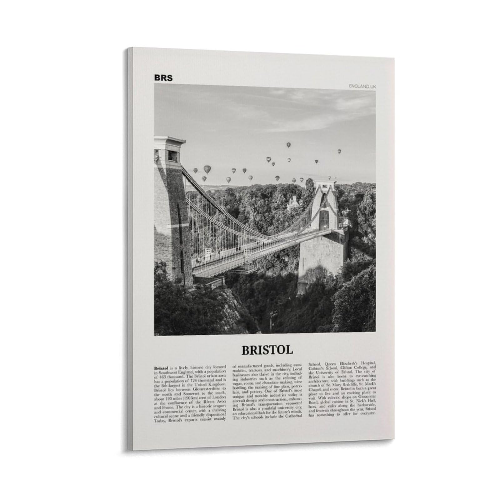 LZTEN Bristol Print Black And White Bridge, Bristol Wall Art, Bristol Poster, Bristol Photo, Bristol Wall Decor, England, UK, United Kingdom Canvas Wall Art