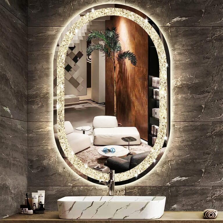 Image of Alfa Design Diamond Wall Mounted LED Mirror | Touch Sensor 3 Light Modes (Warm, Natural & Cool White) | for Bathroom Vanity Mirror, Washbasin, Farmhouse & Bedroom Capsule Crystal LED 28 x 18 inch