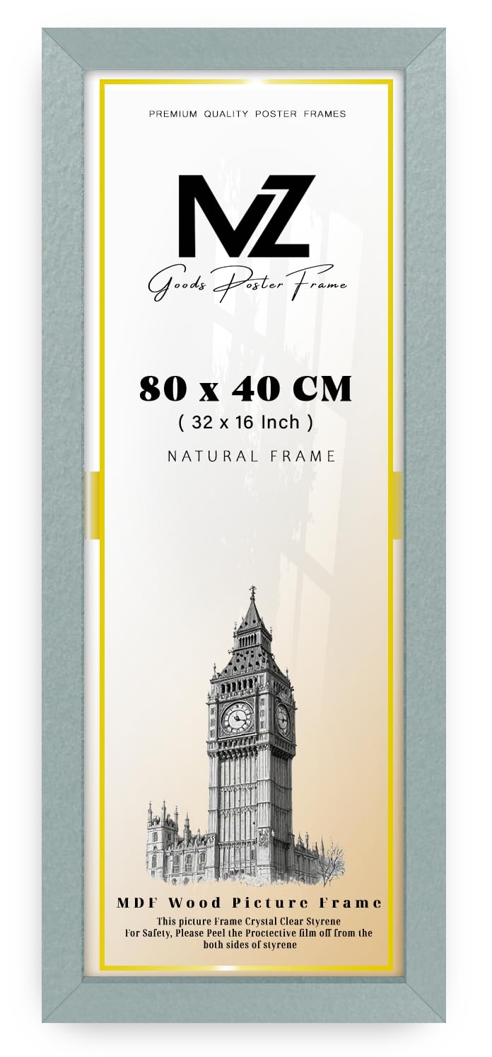 MZ GOODS | MDF Poster Frame (80 x 40 CM) 16" x 32" for Movie Posters, Sketch Art, MDF Wood Finish, Secure Hanging Hooks for Display [ Silver ]